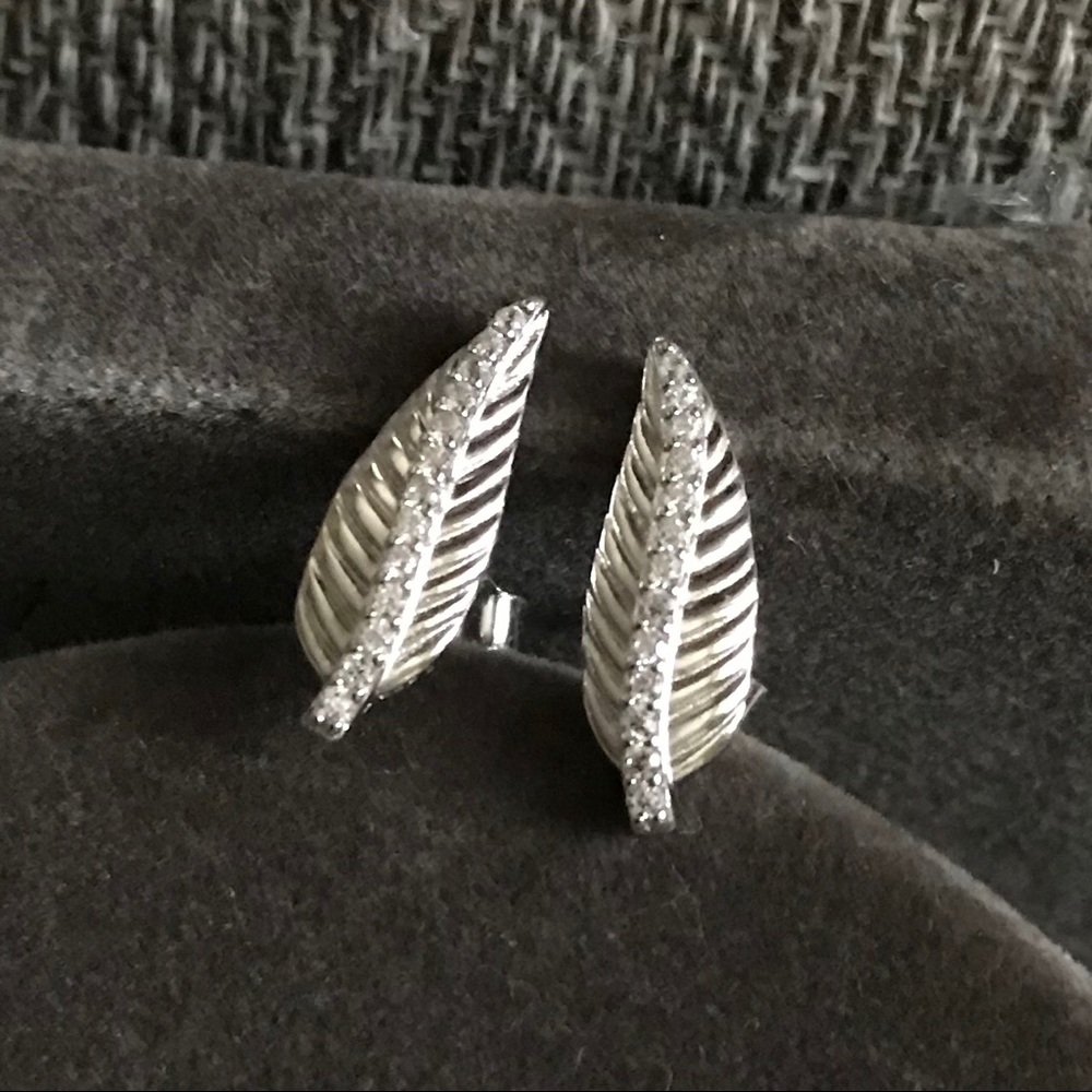 Pave 925 Leaf Sterling Silver Earrings with CZs